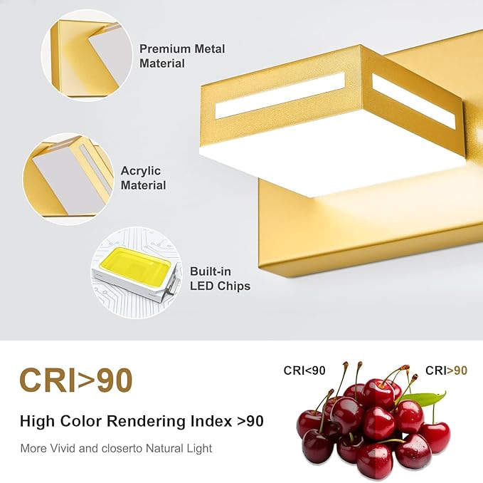 LED Modern Bathroom Light Fixtures, 3-Light 24-Inch Gold Vanity Lights for Bathroom Lighting Fixtures Over Mirror, 6000K Cool White 350° Rotatable Wall Lamp