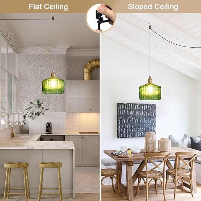Vintage Plug in Pendant Light Fixture - Small Green Striped Glass Shade Adjustable Modern Hanging Lamp with Plug in Cord On/Off Switch Swag Pendant Lights for Kitchen Living Room