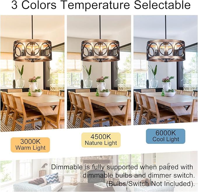 Light Fixtures Ceiling Mount,3-Lights Semi Flush Mount Ceiling Light Fixture,15.7" Black Dining Room Chandelier Rustic Drum Chandelier Pendant Light Fixture with Wood Grain Finish for Kitchen