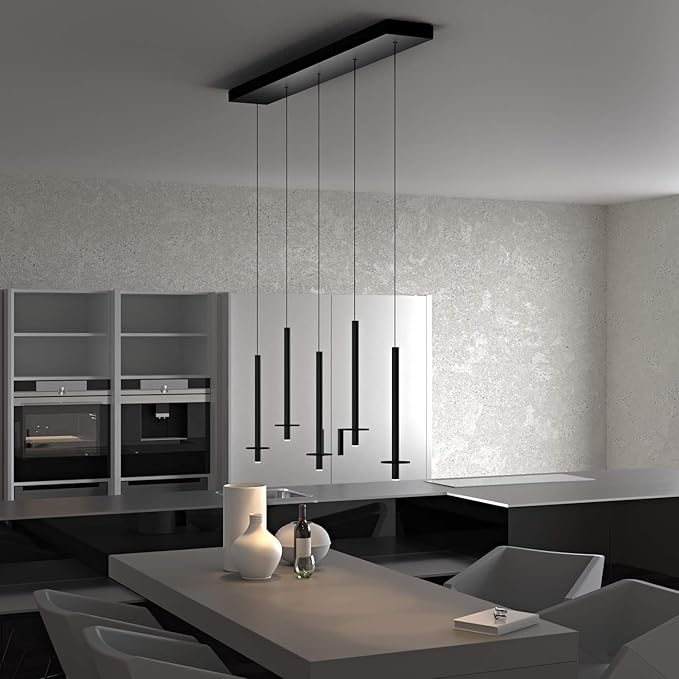 Draco 5 Pendant Lighting Black – LED Hanging Light Fixture for Kitchen Island, Bar, Foyer – Equilateral Cluster of Mini Metal Rod Pipe Tube Cylinders – Dimmable, Adjustable Wire, Lamp Bulb Included
