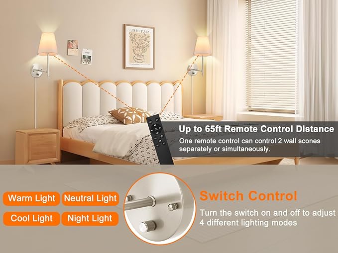 GOODATE Wall Sconces Set of Two with Remote Control, Dimmable, Adjustable Colors 2700-6500K, Plug in Wall Sconces with White Fabric Shades, Plug in Wall Light, Brushed Nickel