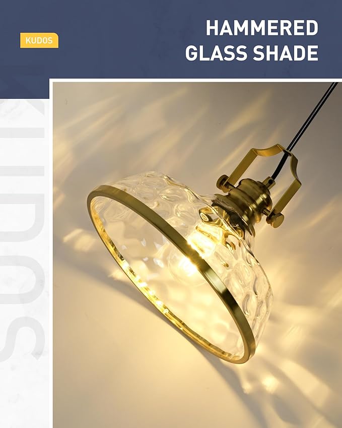 kudos Gold Pendant Lights Kitchen Island, 11" Brass Kitchen Island Lighting with Clear Hammered Glass Shade, Farmhouse Hanging Light Fixture for Kitchen Sink Dining Room Hallways, KDPL13-GD-H