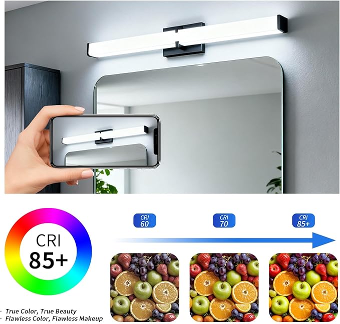 Bathroom Lighting Fixtures Over Mirror: ETL Certified 24 Inch Black Modern LED Vanity Lights 5000K Cool White IP44 - Dimmable Vanity Light Bar 2500LM with Clear Shade - Bathroom Light Fixtures