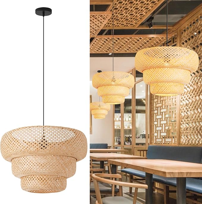 18.5" Bamboo Pendant Light,Boho Rattan Hanging Light 3-Tier Hand Woven Wicker Chandelier for Kitchen Island for Kitchen Island Dining Bedroom Living Room Restaurants