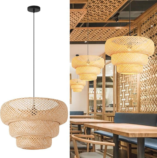 18.5" Bamboo Pendant Light,Boho Rattan Hanging Light 3-Tier Hand Woven Wicker Chandelier for Kitchen Island for Kitchen Island Dining Bedroom Living Room Restaurants