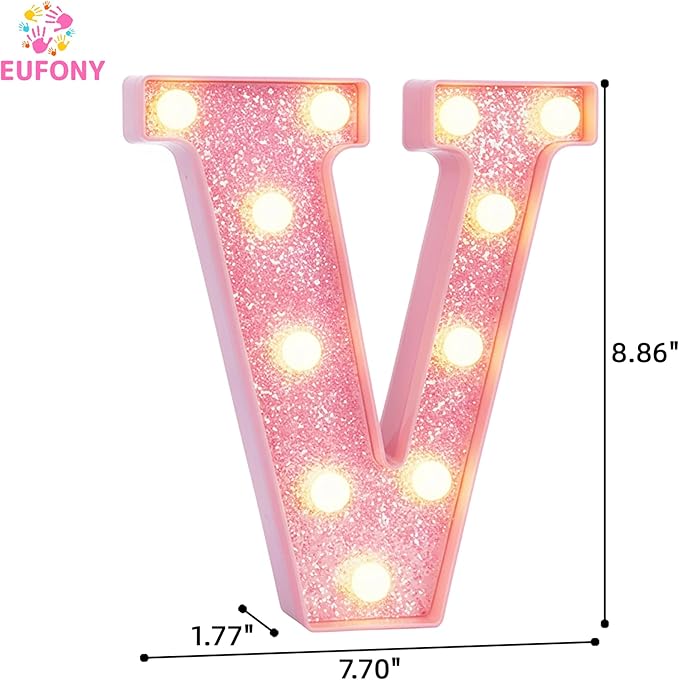 Pink Marquee Light Up Letters, Glitter Alphabet LED Letter Lights for Pink Birthday Party Decorations, Battery Operated Letter Sign for Girls Room Vanity Table Decor, Warm White Lights Letter V
