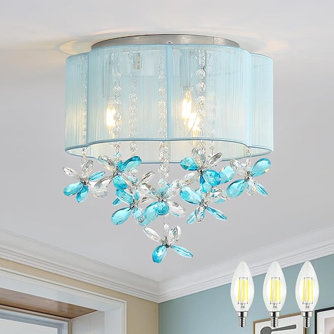 3 Light Bedroom Chandelier Ceiling Light Costal 13" Small Crystal Chandelier Flush Mount Beach Vibe light with Handmade Flower Lampshade for Girls' Bedroom,Closet,Nursery,Dinning Room(Blue)