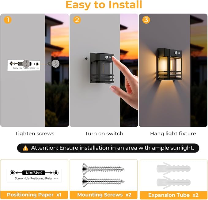 btfarm 2 Pack Solar Wall Lights Outdoor,3 Modes Motion Sensor Lights Dusk to Dawn, IP65 Waterproof Porch Light Solar Powered, 1200mAh Wireless Wall Mount Sconces for Outside Patio, Garage, Yard