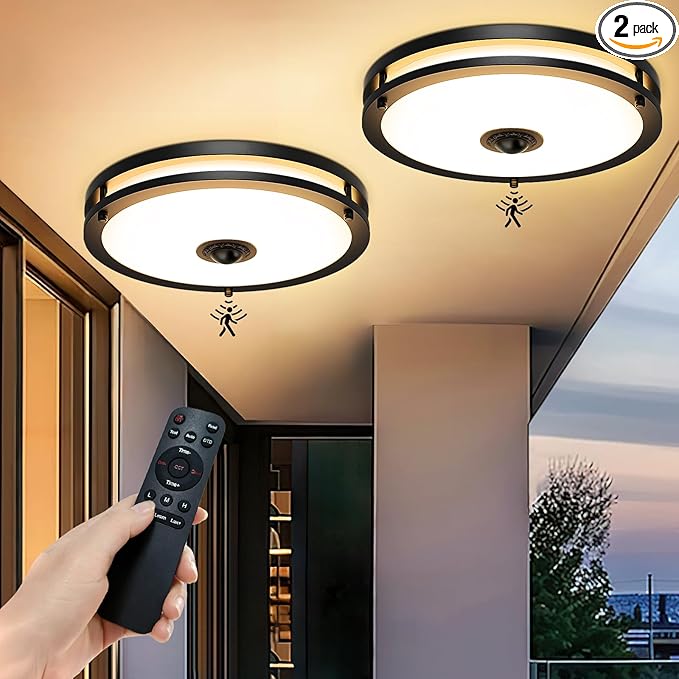 2 Pack Motion Sensor Outdoor Ceiling Light with Remote, 24W Dimmable 2700K/3000K/3500K/4000K/5000K Flush Mount Porch Light, 12" Dusk to Dawn Exterior Lighting Fixtures for Porch, Entryway