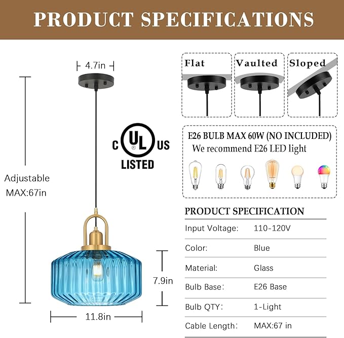 11.8in Mid Century Modern Blue Glass Pendant Light Fixture, Large Gold Kitchen Island Pendants Light Glass Ceiling Hanging Lamp for Foyer Dining Room Bedroom Entryway Hallway Over Sink