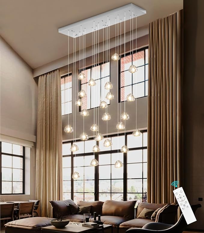 HAIXIANG LED Rectangular Chandeliers for Ding Room Light Dimmable Living Room High Ceiling Pendant Lights Fixtures Lighting 138in Long Foyer Entryway Lighting Silver