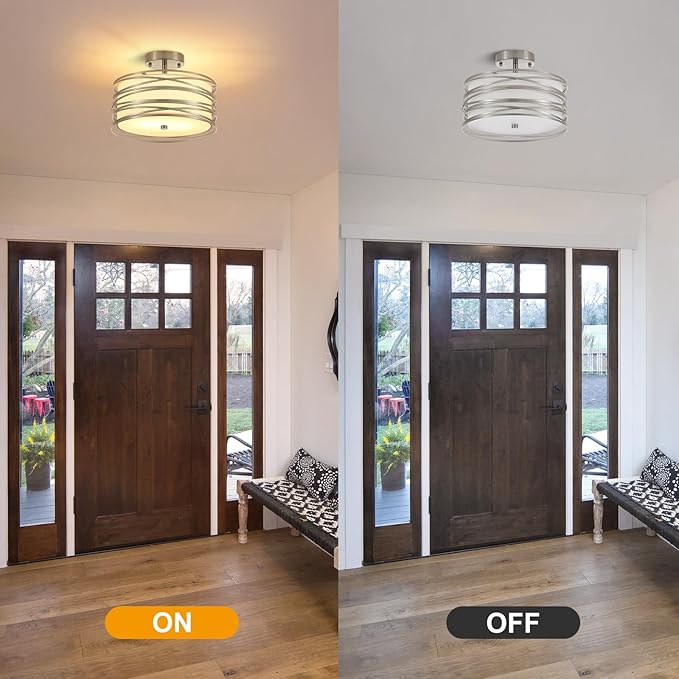 Drum Semi Flush Mount Ceiling Light Fixture, Chrome Matal & Linen Fabric Shade Ceiling Light, Modern Farmhouse Close to Ceiling Light for Bedroom, Hallway, Entryway, Dining Room, Laundry Room