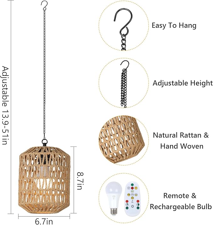 HMVPL Battery Operated Chandelier, Rattan Battery Operated Pendant Light with Remote, Boho Outdoor Chandelier for Gazebo, Wicker Gazebo Light, Outdoor Hanging Lamp for Patio Pergola Indoor(2 Pack)