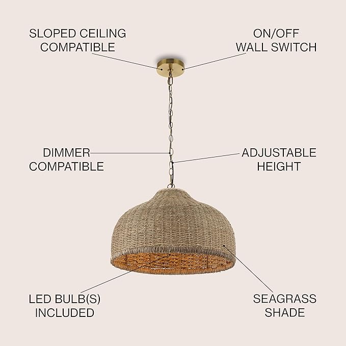 JONATHAN Y 20" Brown/Brass Gold 1-Light Rattan and Iron Dome Pendant Light, Adjustable Height Coastal Bohemian Hanging Lamp for Kitchen Island, LED Bulb Included JYL1133A