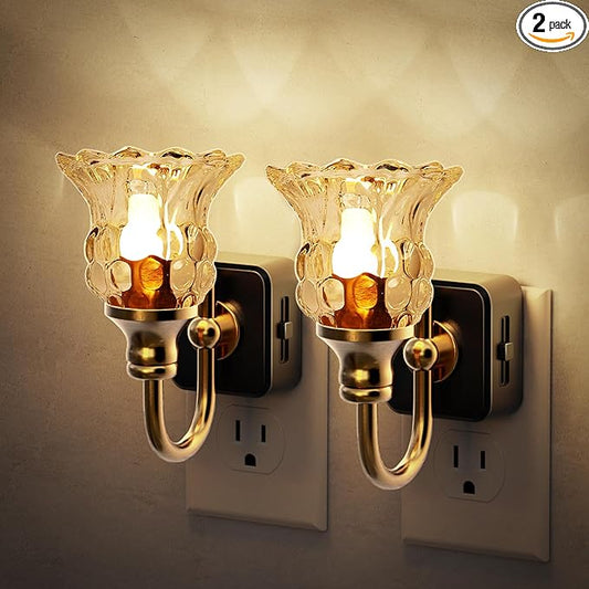 JandCase Night Light, 2 Pack Floral Night Lights Plug into Wall, Glass Flower LED Nightlight, 0-100 LM Dimmable Nightlights with Light Sensor, 1W Vintage Nite Light for Bathroom Gift Vanity Decor