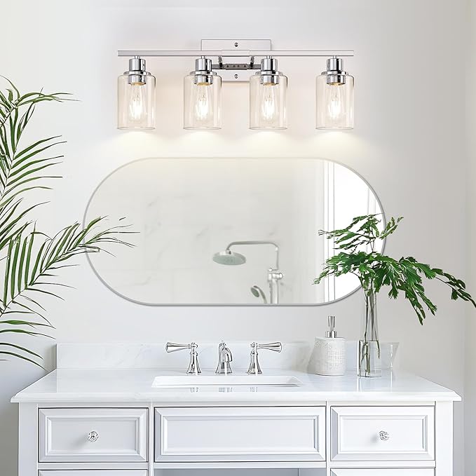 Indoi 4 Light Bathroom Light Fixtures, Chrome Vanity Lights with Clear Glass Shades, Modern Bathroom Light Fixtures Over Mirror, Modern Bathroom Wall Lamp for Mirror Living Room Cabinet