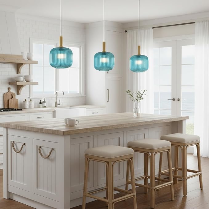Blue Ribbed Glass Plug in Pendant Light, 9.8" Handblown Striped Hanging Lamp with 14.76ft Cord & Rocker Switch, Mid-Century Modern Pendant Lighting for Kitchen Island, Dining Room, Bedroom