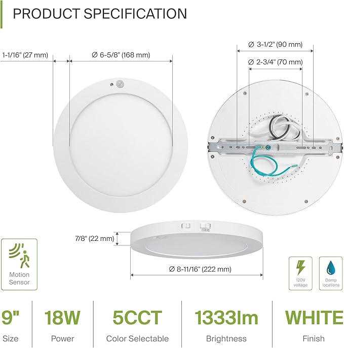 ASD LED 9" Round Flush Mount Ceiling Light Fixture, Low Profile Surface Lighting | 5CCT, Motion Sensored, Ultra-Thin, ETL Listed | 15W 1300LM 2700-6000K 120V | Kitchen, Bedroom, Hallway Lamp | White