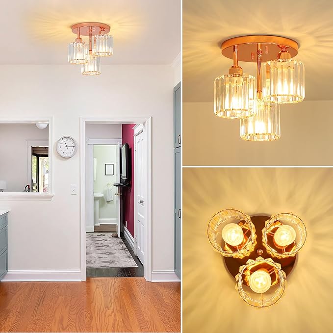 Crystal Semi Flush Mount Ceiling Light,3-Light Modern Kitchen Lighting Fixtures,Rose Gold Dining Room Light Fixture with Clear Crystal Shade，Ceiling Light Fixture for Bedroom Bathroom