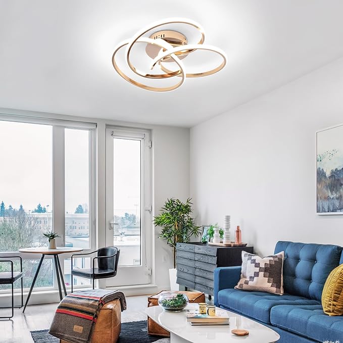 CANEOE Modern LED Ceiling Light Fixture, 42W Gold Dimmable Flush Mount Ceiling Light with Remote Control, Curve Design Close to Ceiling Lamp for Bedroom Living Dining Room Kitchen