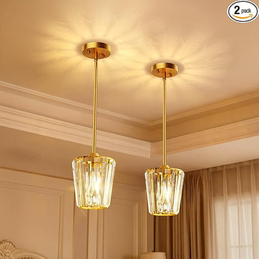 Crystal Pendant Lights Kitchen Island 2 Pack, Modern Gold Pendant Light Fixtures Mini Adjustable Chandeliers for Kitchen Island Dinning Room Bedroom Hallway with E26 Base (Bulbs Not Included)
