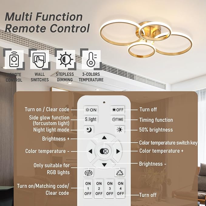 Dimmable Modern LED Ceiling Light, 4 Rings 3000K-6000K LED Gold Close to Ceiling Light, Flush Mount Ceiling Lights Fixture for Bedroom, Kitchen, Laundry Room,Office