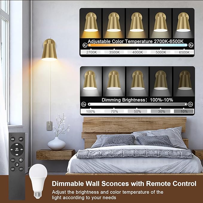 VATONI Plug in Wall Sconces with Remote Control, Adjustable Color Temperature 2700K-6000K and Dimmable Wall Sconces Gold Wall Lights with Plug in Cord for Bedroom Bedside Stairway(2 Pack, 2 Bulbs)