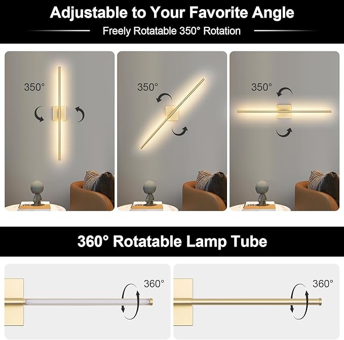 Battery Operated Wall Sconce, 5CCT Dimmable Gold Wall Lights with Remote Control, Timable LED Wireless Wall Sconces, 350° Ratate for Bathroom, Living Room, Hallway 29.1 Inch 1 Pack