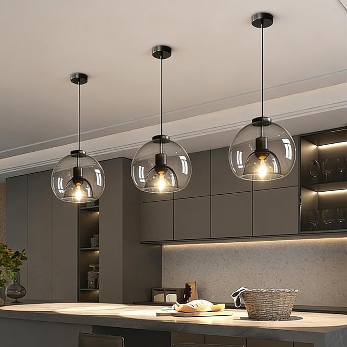 9.1in Large Smoke Glass Pendant Light for Kitchen Island, 3-Pack with Extra LED Bulbs & 4.92ft Adjustable Cord | Modern Minimalist Lighting for Dining Room, Living Room, Entryway