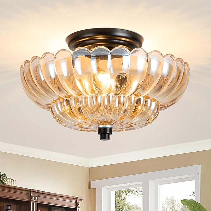 Semi Flush Mount Ceiling Light, Modern Ceiling Light Fixture with Amber Glass, Vintage Indoor E26 Kitchen Lighting for Closet, Porch, Corridor, Hallway, Bedroom