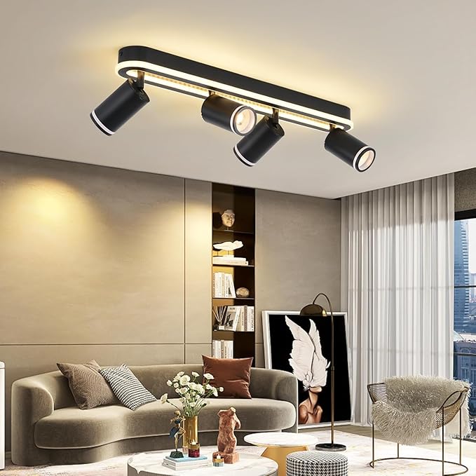 LED 4 Light Track Lighting Spotlight Kit, Black Ceiling Spotlights, Modern Track Light Fixture with Flexibly Rotatable Light Heads, 50W+20W Dual Lighting for Kitchen Living Room,Includes 4 x GU10 Bulb