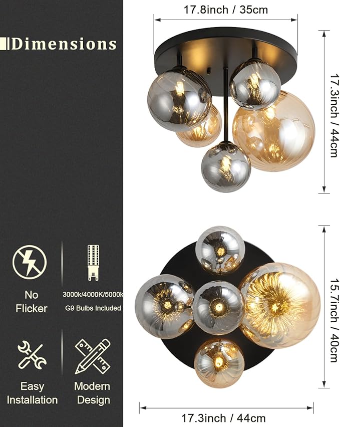 ANYLOVE Modern Chandelier 5-Light Industrial Ceiling Lights Fixture 18" Black Semi Flush Mount Ceiling Light with G9 Base Lights Fixture for Dining Room Bedroom Foyer Hallway Living Room