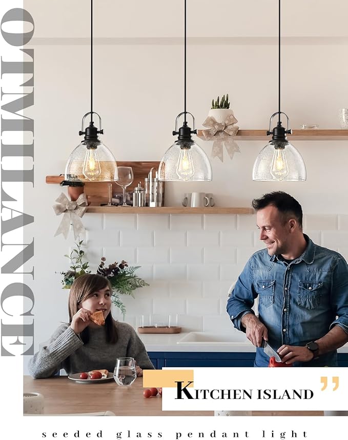 Black Pendant Lights Kitchen Island 2 Pack, 7.5" Seeded Glass Pendant Lights, Vintage Industrial Pendant Light Kitchen Island, Farmhouse Pendant Lighting for Kitchen, Dining Room, Bar, Cafe