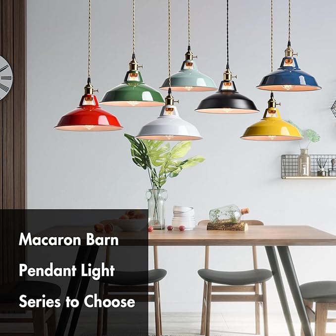 CLAXY Industrial Pendant Lights White Metal Barn Shade Hanging Ceiling Light Fixture with Switch E26 Kitchen Pendant Lighting for Loft, Bar, Foyer, Dining
