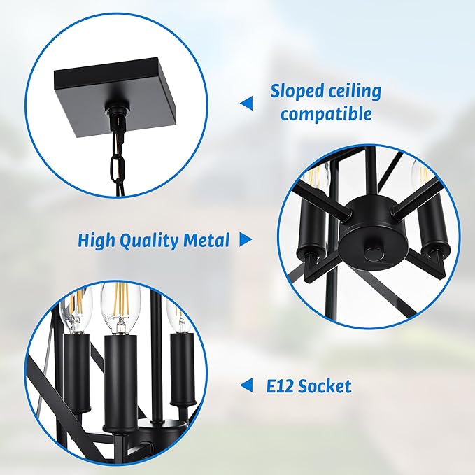 Outdoor Pendant Light with Water Ripple Glass, 4-Light Exterior Hanging Porch Light, Large Lantern Pendant Light, Waterproof Black Outside Chandelier for House Front Door Patio Entrance