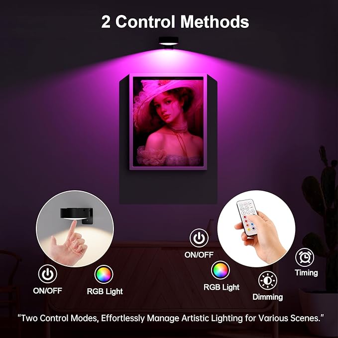 3 Pack Picture Lights for Wall, 13 RGB Color Rechargeable Battery Operated wall lights, Picture Frame lights with 3 Lighting Modes, Wireless Magnetic Painting Light with Remote Control Timer, (Black)