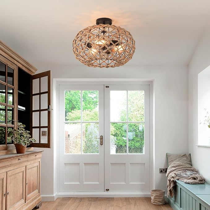 3-Light Large Coastal Woven Flush Mount Ceiling Light Fixture 17.7 inch Boho Rustic Handmade Hemp Rope Round Cage Semi Flush Mount Ceiling Lighting for Bedroom Entry Farmhouse Hall Beach, Black