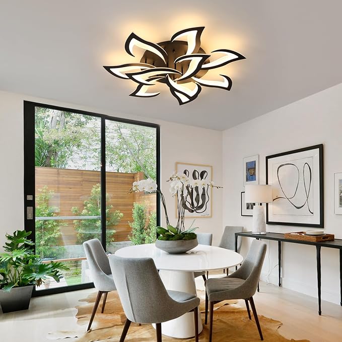 Goeco Dimmable Ceiling Light, 10-Petals Flower Light Fixture with Remote Control and App, 3000K-6500K Modern LED Ceiling Light for Living Room, Bedroom, Kitchen, Black