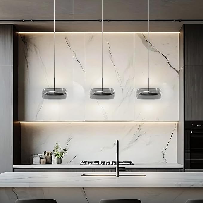 Modern Pendant Lights Kitchen Island, Dual-Sided LED 3-CCT Dimmable Smoked Glass Hanging Lighting Fixture, Adjustable Cable for Dining Room, Bar, Over Table, Sloped Ceiling Chrome Silver