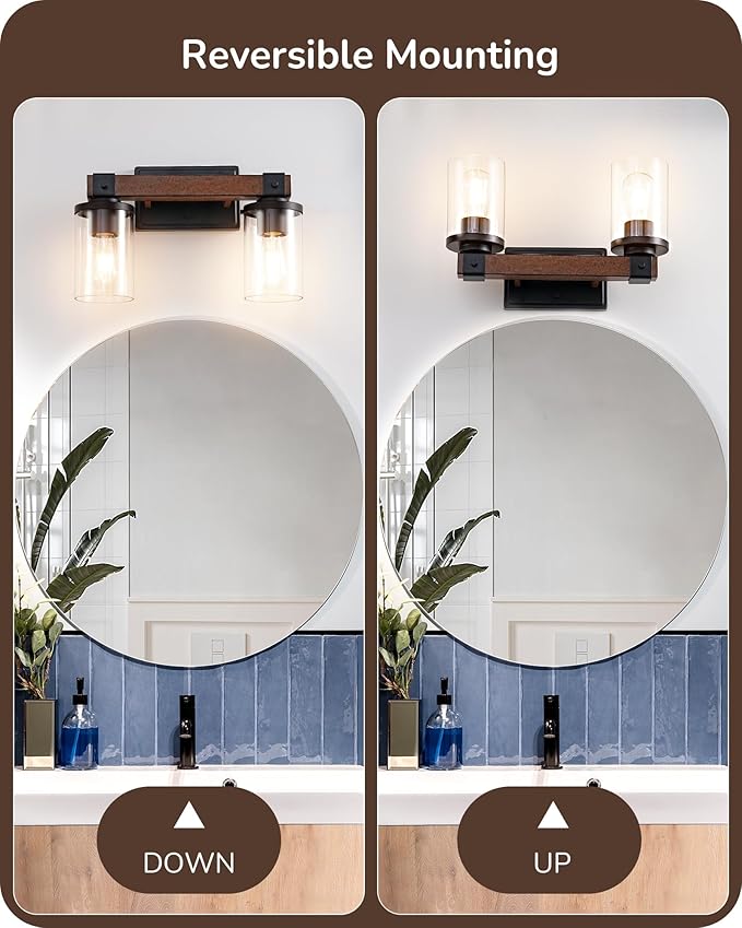 EDISHINE Farmhouse Vanity Lights for Bathroom, 2-Light Bathroom Vanity Light Fixtures Over Mirror, Painted Wood Bath Wall Sconces Lamp with Clear Glass Shade for Bedroom, Powder Room