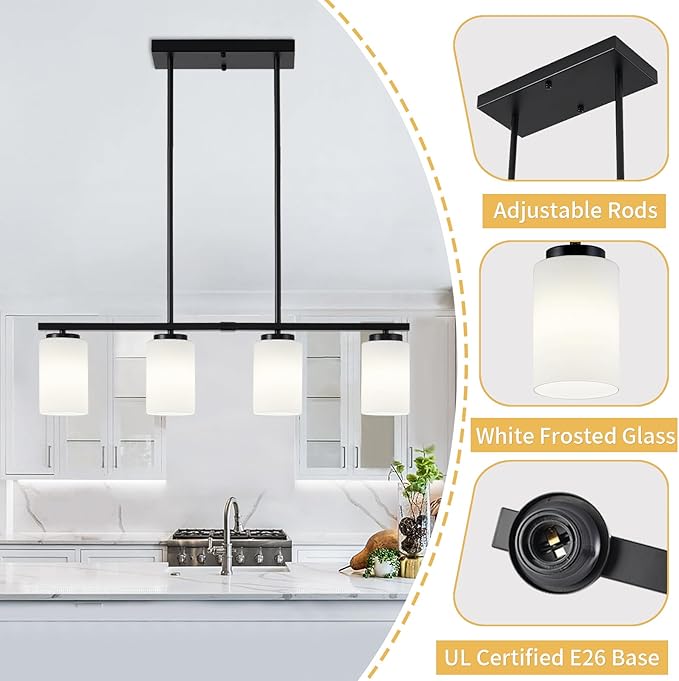 Modern Island Lights for Kitchen, Black Dining Room Light Fixtures, 4-Light Farmhouse Linear Chandeliers Over Table White Frosted Glass Adjustable Hanging Light Kitchen Pendant Lighting Over Island