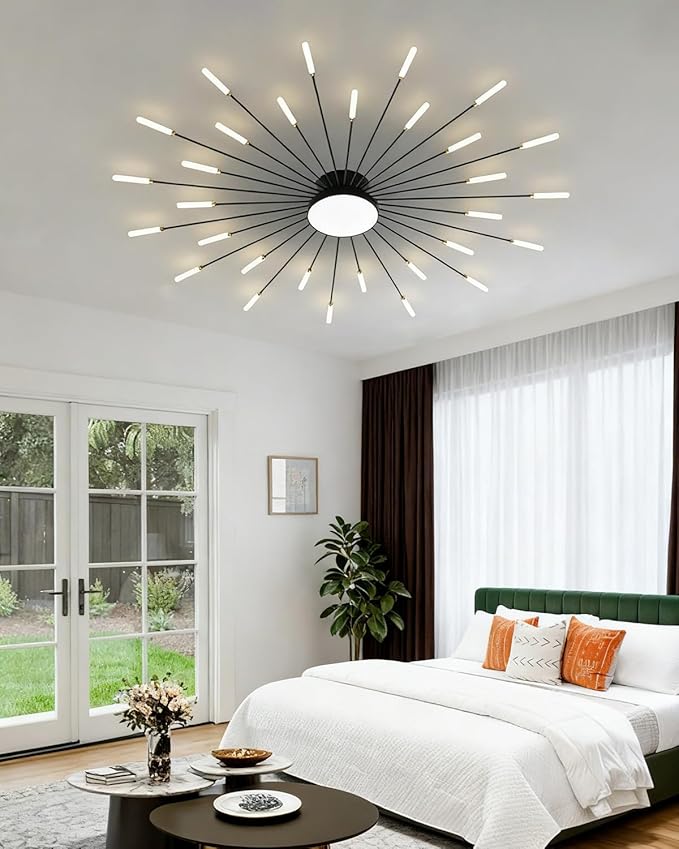 30 Lights Led Ceiling Light, 51 Inch Modern Semi-Recessed Chandelier, Black Indoor Lighting for Living Room Bedroom Kitchen Dining Room, 42W Fireworks Decorative Ceiling Light Close To The Ceiling