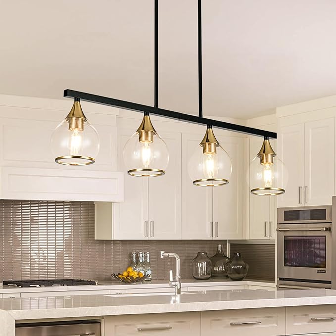 Island Light for Kitchen, 4-Light Kitchen Island Chandeliers Black and Gold Linear Hanging Pendant Light, Matte Black Farmhouse Dining Room Light Fixture Over Table with Clear Round Glass Shades