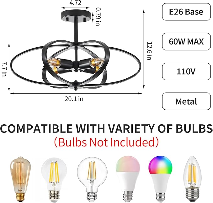 Semi Flush Mount Ceiling Light Chandelier,4-Light Ceiling Lighting Fixture,20" Farmhouse Style Flower Shape Hanging Light Fixtures Ceiling,Black(Bulbs NOT Included)