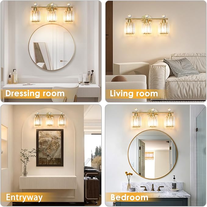 3-Light Gold Bathroom Light Fixtures Modern K9 Crystal Vanity Lights Wall Sconce with Stainless Steel Base, Elegant Bathroom & Bedroom Lighting, Secure Packaging