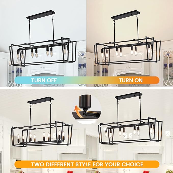 8-Light Dining Room Light Fixture, Farmhouse Pendant Lights Kitchen Island, Rustic Black Chandeliers for Dining Room, Rectangle Hanging Light Fixtures Over Table