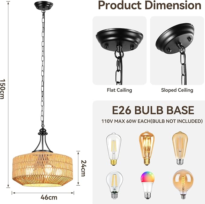 5-Light Rattan Pendant Light, 18.8" Large Boho Chandeliers for Living Room, Dining Room, Hand Woven Wicker Fixture with Adjustable Cord, Coastal Farmhouse Hanging Lamp for Kitchen Island