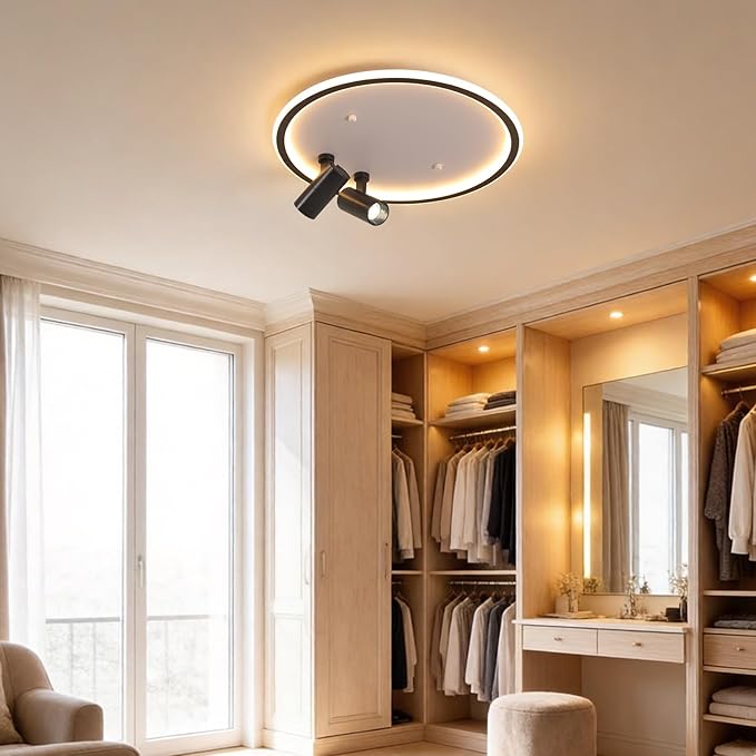 Modern LED Bedroom Ceiling Light, 2 Adjustable Spotlights, Dimmable Round Close to Ceiling Lamp, Black White Minimalist Lighting for Living Room Bedroom Kitchen Dining Room