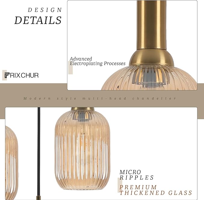 FRIXCHUR 3-Light Pendant, Mid Century Style Glass Shades with E26 Sockets, Adjustable Retro Pendant Light with Gold Accents, Ideal for Kitchen Islands and Living Rooms (Amber)