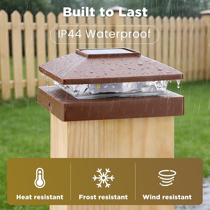 Solar Post Cap Lights Outdoor 20pack, Waterproof Solar Powered Deck Fence Post Lights Fit 4x4 Wood/Vinyl Posts, Bright Warm White Solar Post Lights Decorate Deck, Patio, Porch, Fence(Brown)